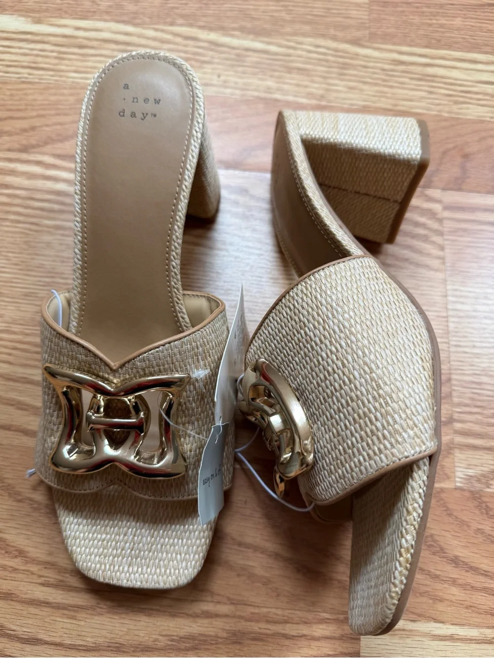 NWT A New Day Tan Raffia Gold Buckle Block Heel Sandals Size 11